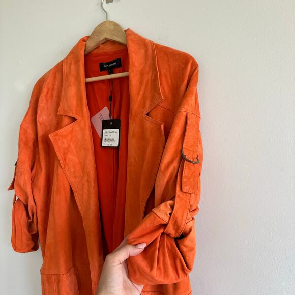ST. JOHN Silken Suede Slouchy Strap Sleeve Jacket Soft Sienna Orange NWT - Picture 9 of 14
